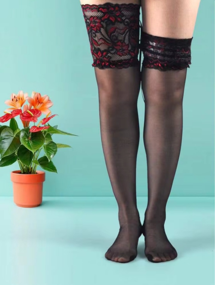 Black Sheer Thigh High Stockings with Red Floral Lace Top & Ribbon Tie
